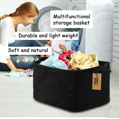 COMFY-HOMI Storage Basket for Shelves, Woven Baskets for Storage, Cotton Rope Basket,Toy Storage Organizer, Storage Cube Bin, Organization and Storage, Towel Baskets for Gift Empty, All Black