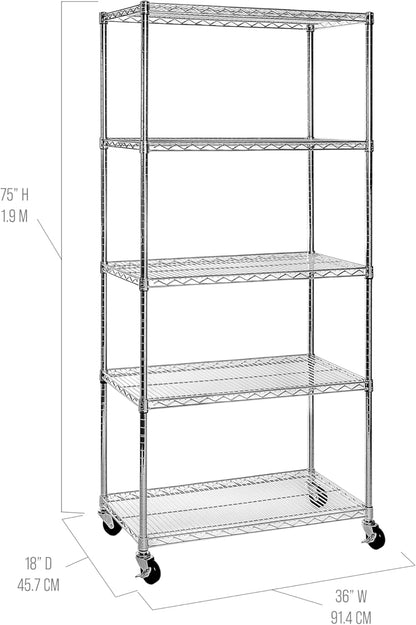 Seville Classics UltraDurable Heavy Duty NSF Solid Steel Wire Rack Storage Unit, Organizer for Garage, Warehouse, Office, Restaurant, Classroom, Kitchen, Steel, 5-Tier Shelving, 36" W x 18" D