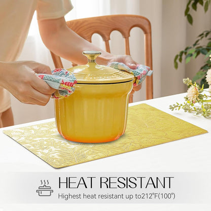 Romanstile Vinyl Placemats Set of 6-12 X 18 Inch - Heat Resistant Non-Slip Embossed Floral Place Mats 100% Waterproof Oilproof Wipeable Faux Leather Table Mats for Kitchen/Dining/Party, Yellow