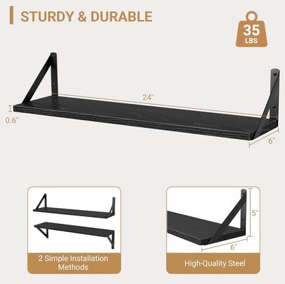 Heimlove Floating Shelves for Wall, 24 Inch Long Wood Floating Shelves Set of 3, Wall Mounted Hanging Shelf for Bathroom Bedroom Kitchen, Black