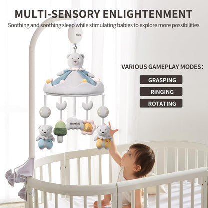 Baby Crib Mobile with Bluetooth,Lullaby and White Noise,Soft Bear Animals Plush Hanging Toys for Newborn Boys & Girls