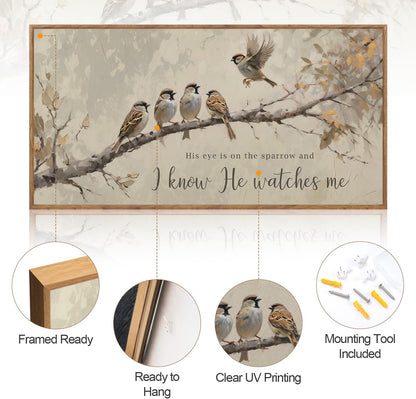 Aurlan His Eye is on the Sparrow Christian Wall Art Framed(40"x20"), Vintage Neutral Birds on Tree Branch Nature Canvas Artwork, Religious Faith Gift Bible Verse Scripture Print Decor for Home Office Bedroom