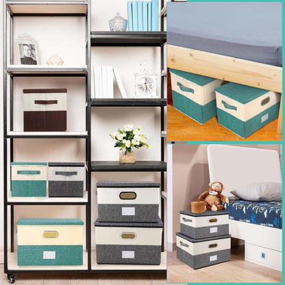 Large Linen Fabric Foldable Storage Bins with Removable Lid and Handles, Washable Storage Box Organizer Containers Baskets Cube with Cover for Bedroom,Closet,Office (Black&White, Medium)