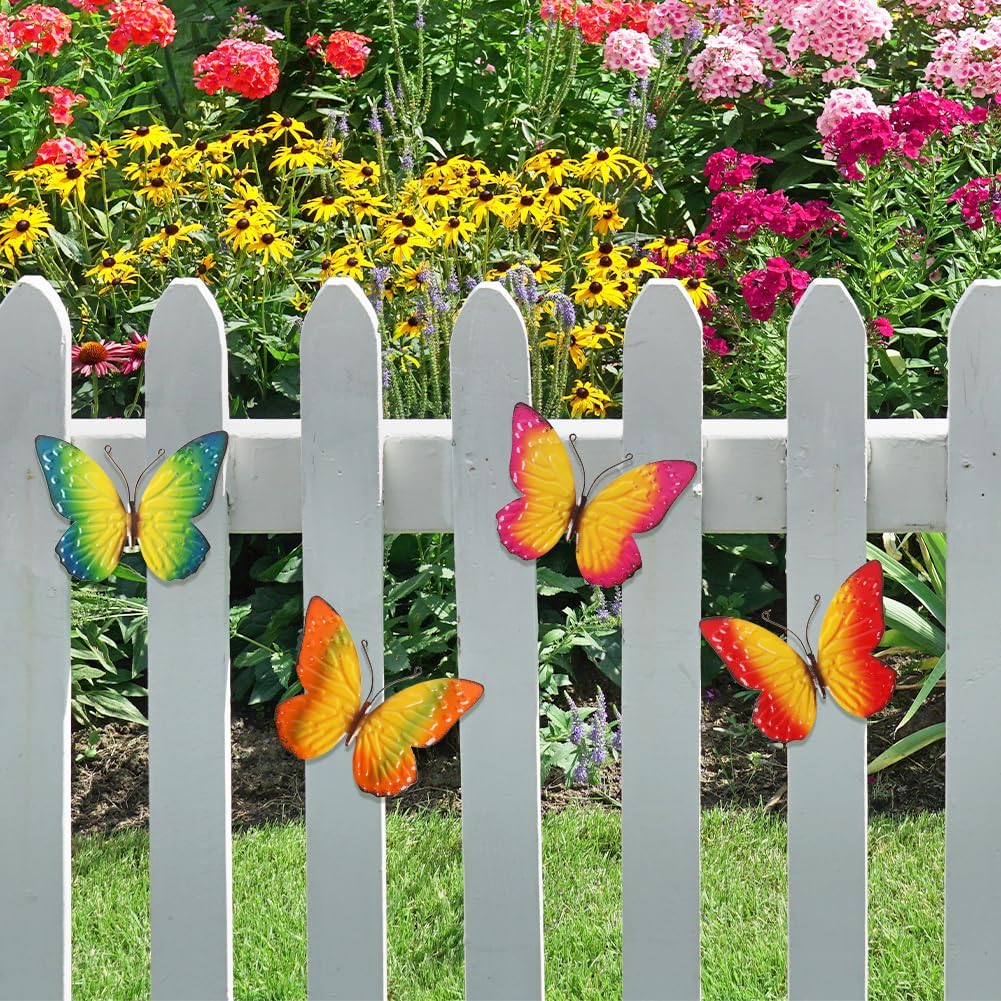 Metal Butterfly Wall Decor Art, 4 Pack Colorful Metal Butterflies Outdoor Wall Art, Hand Painted Outdoor Wall Decor for Garden, Yard, Fence, Patio, Living Room, Bedroom Decoration