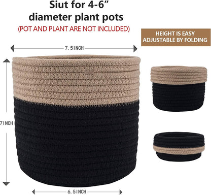 Woven Cotton Rope Plant Basket for 6" Flower Pot Floor Indoor Planters Flower Pot,Home Decor Storage Organizer H6 3/4" x W6 1/2" Black&Brown
