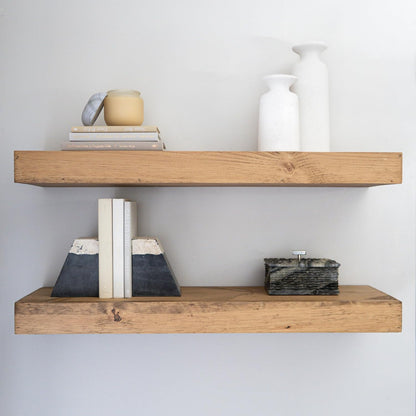 Modern Floating Shelves 3 Inches Thick for Wall, Wide Shelves for Kitchen, Living Room, Bedroom, and Bathroom, Natural Pine Wood, Rustic Wooden Shelf, (Set of 2) (Aged Oak, 48Lx3Hx6D)