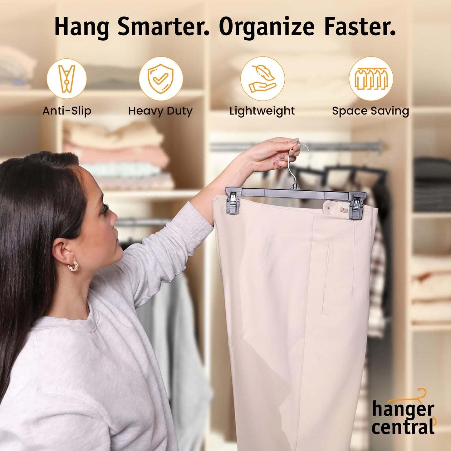 Hanger Central 12 inch 30 Pack Pants Hangers Slim Plastic Clothes Hangers with Clips for Skirts