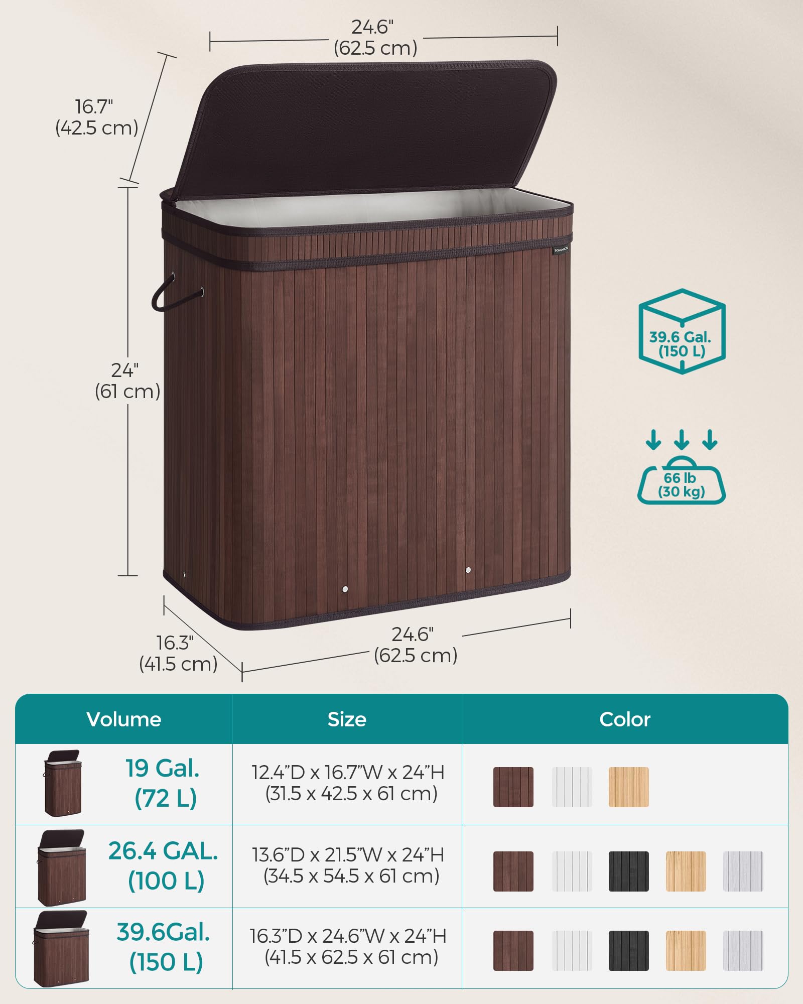 SONGMICS Laundry Hamper with Lid, Bamboo Laundry Basket, Removable Machine Washable Laundry Basket