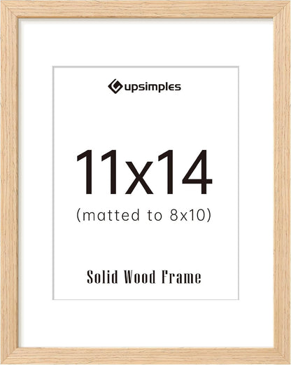 upsimples 11x14 Picture Frame, Natural Solid Wooden Picture Frames, Display 8x10 with Mat or 11 x 14 Without, Vertical or Horizontal Wall Hanging, 1 Pack, Natural