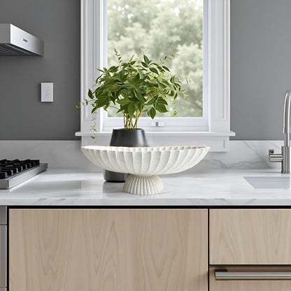 14.5" Large Decorative Long Bowl - Light Gray Fluted Scalloped Decorative Bowls for Home Decor - Ruffle Decor,Stylish Key Bowl for Entry Table,Decorative Fruit Bowl for Kitchen Counter