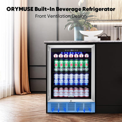 24" Beverage Refrigerator & Cooler, 180 Cans Under Counter Fridge with Lock, Glass Door & Powerful Cooling Compressor - Quiet, Built-in/Freestanding Drink Fridge