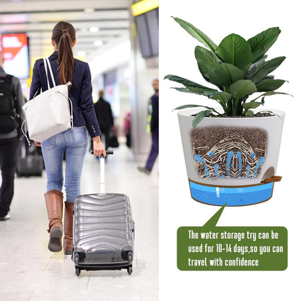 Self Watering Pots for Indoor Plants,12 inch Planters with Drainage Holes Plastic Flower Pots with Deep Reservoir, White with Brown