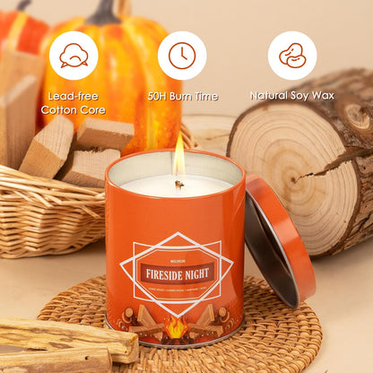 Fireside Night Fall Scented Candle – 9 oz Soy Wax in Travel-Friendly Reusable Tin, Non-Toxic & Clean Burning, 50-Hour Burn – Cozy Autumn Fragrance, Holiday Gift & Fall Decor for Women & Men