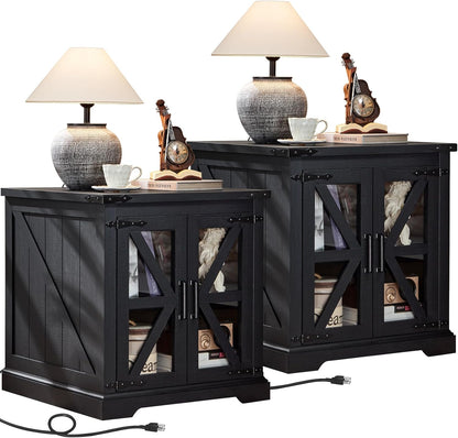 24" End Table Set of 2 with Charging Station, Farmhouse Night Stand with Glass Barn Door, Nightstands with Adjustable Storage Shelf, Large Wood Square Bed Side Table for Living Room,Bedroom