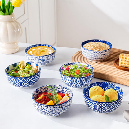 Ceramic Dessert Bowls Set - 11 Oz Small Ice Cream Bowl for kitchen - 4.7 Inch Porcelain Cereal Bowl for Fruits, Salad, Side Dishes, Ramen - Microwave Dishwasher Safe - Set of 6 - Vintage Blue