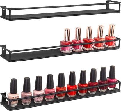 MyGift Set of 3 Wall-Mounted Black Metal Nail Polish and Essential Oils Display Shelves, Kitchen Spice Jars Rack