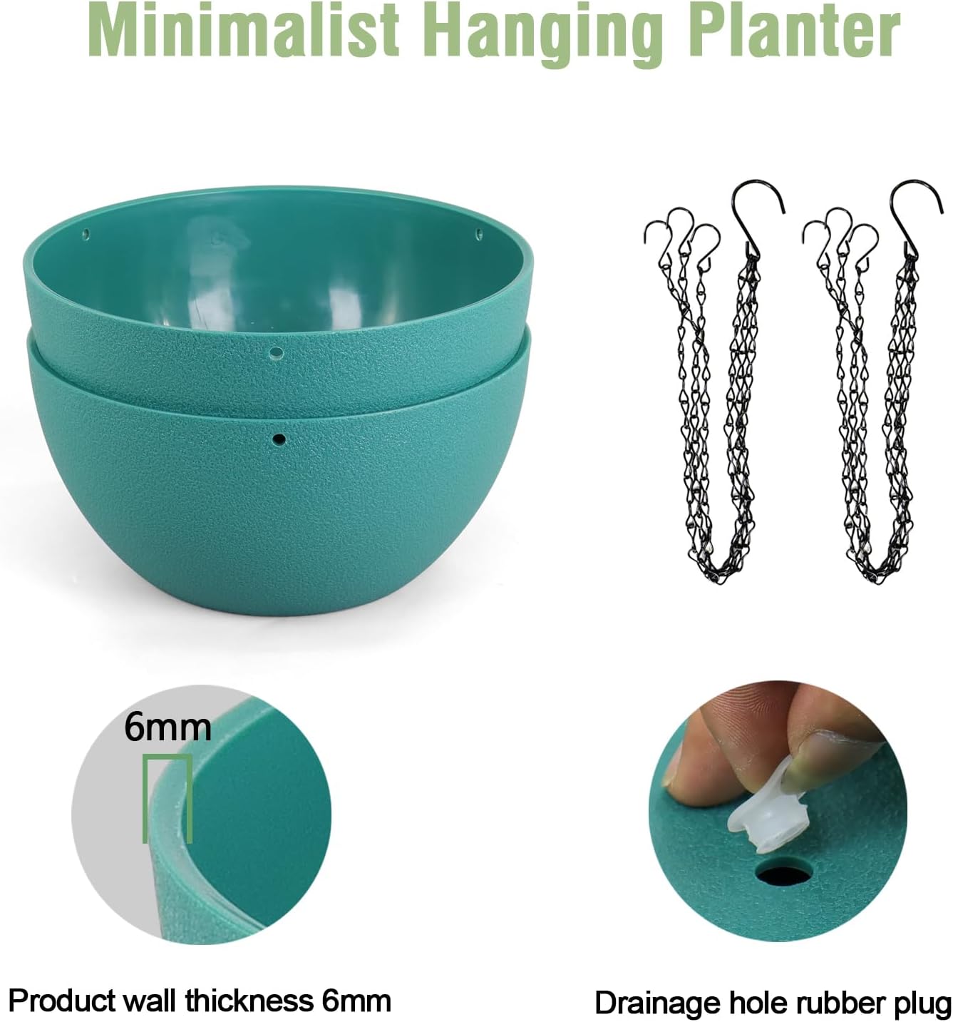 12 inch Large Hanging Planters for Indoor Outdoor Plants, 2 Pack Hanging Flower Plant Pots with Drainage Holes and Chain for Garden Porch, Plastic Hanging Baskets for House Plants, Blue Green