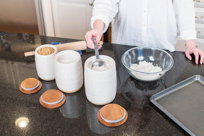 Nat & Jules Lidded Cream 6 inch Ceramic and Wood Kitchen Canisters Set of 3