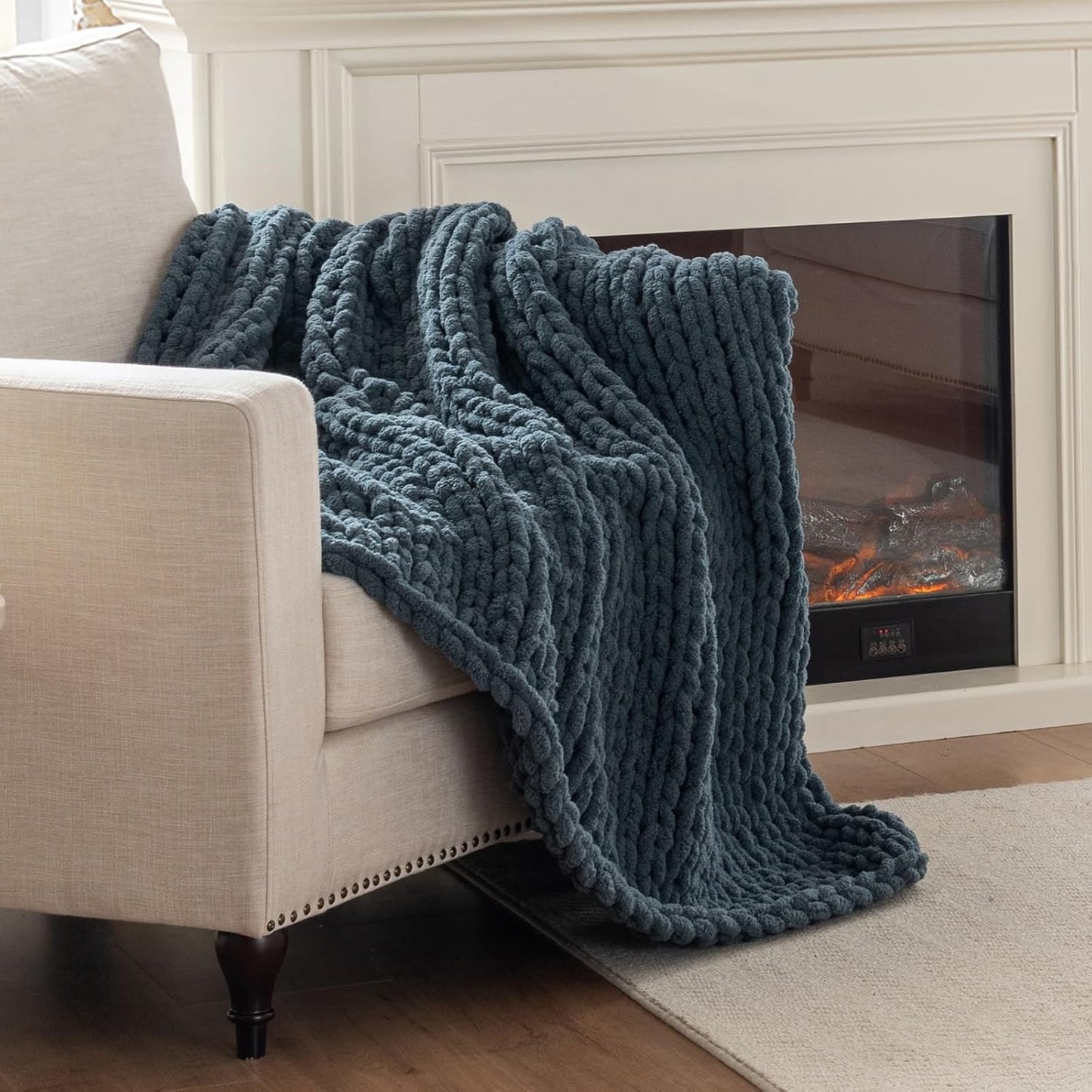 Chunky Knit Blanket Throw, 100% Hand Knit Throw Blanket Handmade Chenille Cable Knit Throw for Couch, Stylish Cozy Soft Rope Knot Crochet Blanket for Home Decor, Blue Mirage, 40x50 Inches