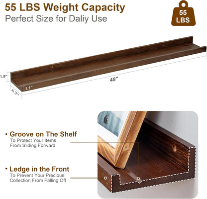 Floating Picture Ledge Shelves 48 Inch Solid Oak Wood Set of 2, Rustic Wall Storage Shelves with Lip, Kids Bookshelf, Photo & Picture Ledge Shelves for Bedroom, Living Room, Kitchen