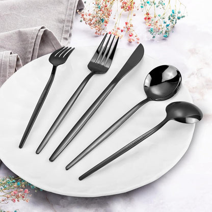 Black Silverware Set, KassKa 40 Pieces Flatware Cutlery Set, Stainless Steel Utensils Set Spoon Fork Knives Set for Home Restaurant and Kitchen, Mirror Polished Finished, Service for 8