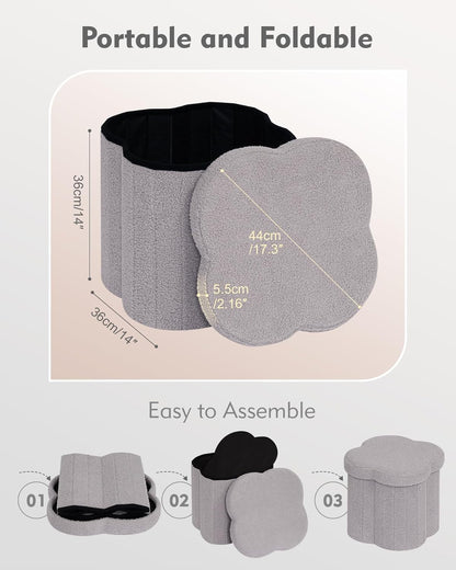B FSOBEIIALEO Storage Ottoman Cube, Flowers Shaped Ottomans with Storage Foot Stool Footrest, Boucle Ottoman Seat for Dorm Room, Faux Teddy Fur, Grey 15"x15"x15"