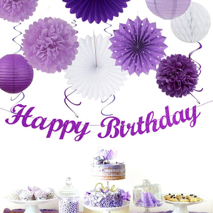 Purple Lilac-Lavender White Women Birthday Party-Decorations - 21pcs Happy Banner,Paper Lanterns,Tissue Pom Poms Flower Fan,Honeycomb Ball,Hanging Streamers Garland, Girls Decor Supplies Huglony