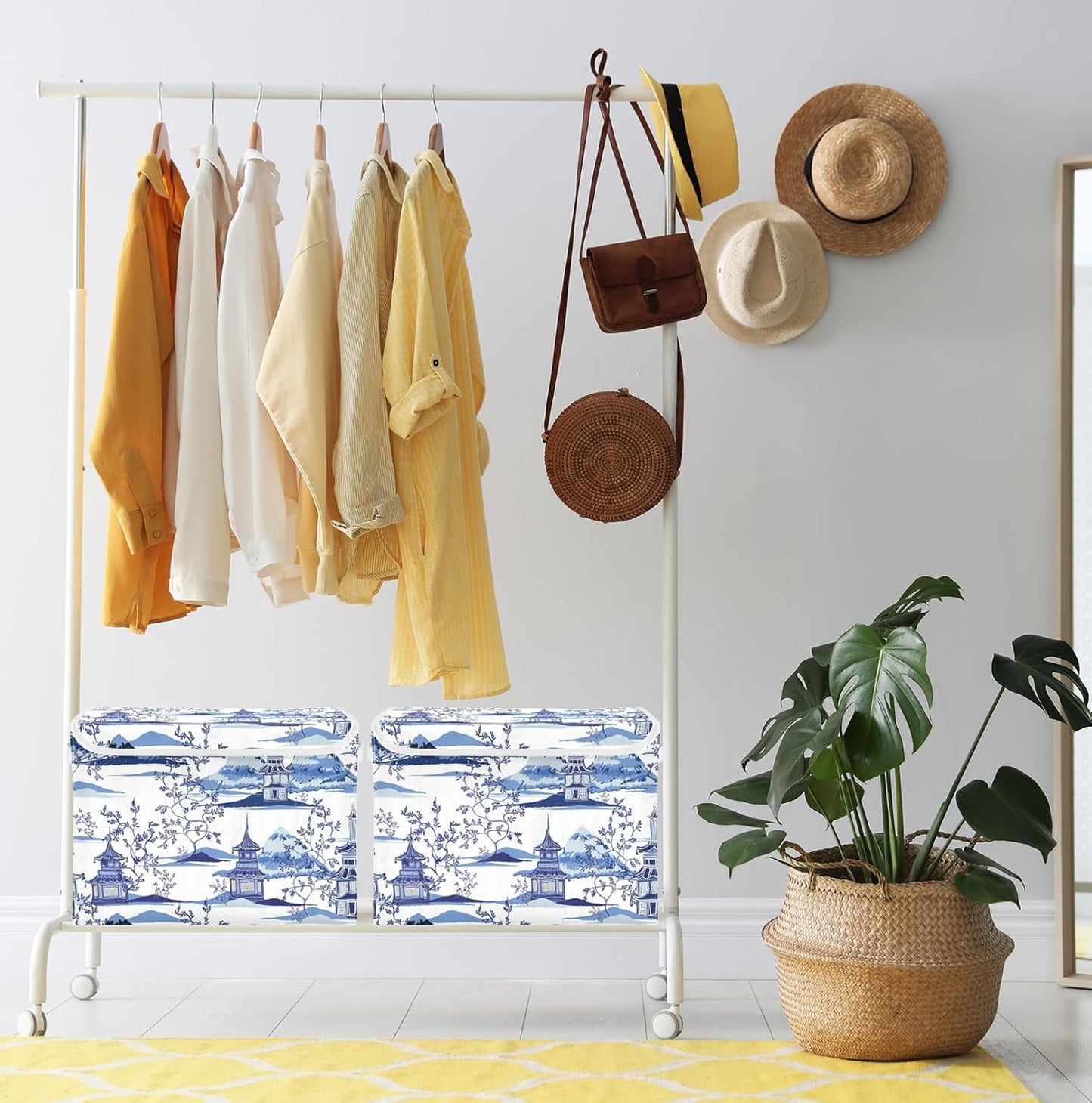 susiyo Ink Chinoiserie Pagodas Storage Bin Large Collapsible Storage Box Stackable design Fabric Storage Bins with Lids Decorative Multi-Color Foldable Organizing Baskets For Closet