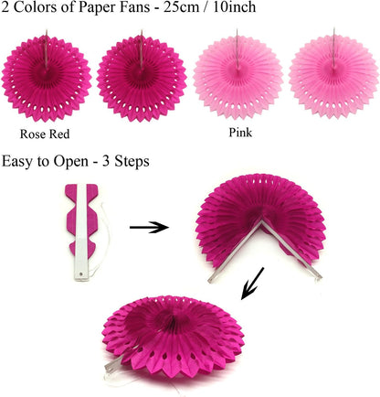 ZERODECO Party Decoration, 21 Pcs Pink Hanging Paper Fans, Pom Poms Flowers, Garlands String Polka Dot and Triangle Bunting Flags for Birthday Parties, Bridal Showers, Baby Showers, Wedding