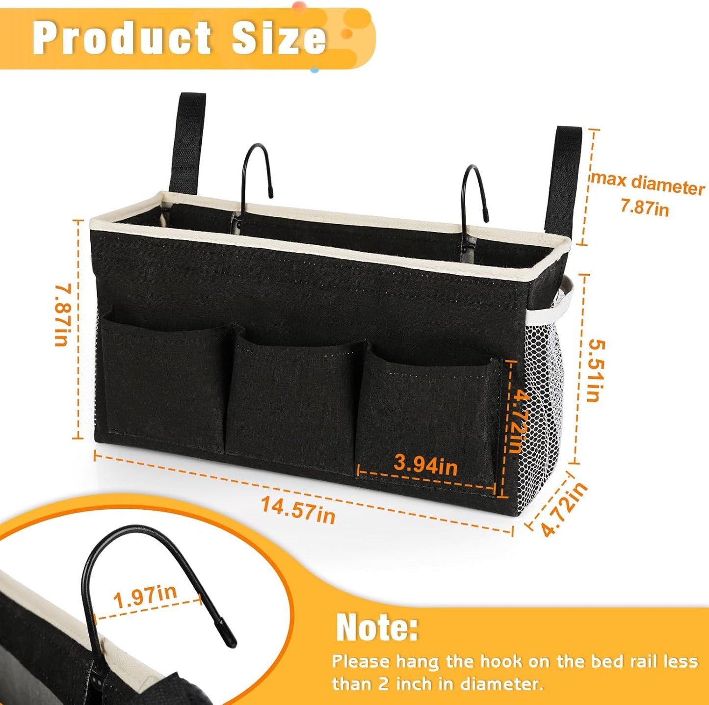 Bedside Caddy Bedside Organizer Bedside Storage Caddy with Fixed Straps and Water Bottle Holder for Home College Dorm Bunk Bed Hospital Bed Crib Bed Rails (2pcs Black)