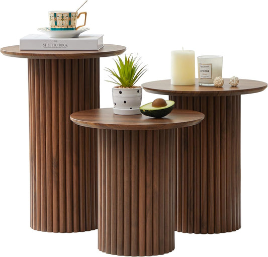 Round Nesting Coffee Table Set of 3,Mid Century Modern Fluted Coffee and End Table Set,Small Circle