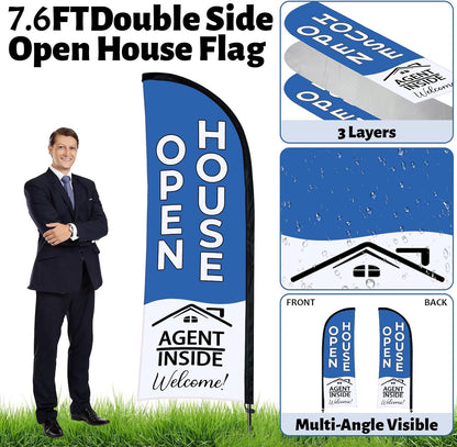 44 Pcs Open House Signs for Real Estate Agent Supplies, Double Sided Open House Flag Kit for Outside, 7.6 x 5.4 Ft Blue Banner Flag Poles Set with Directional Arrows Yard Sign Stakes Balloons