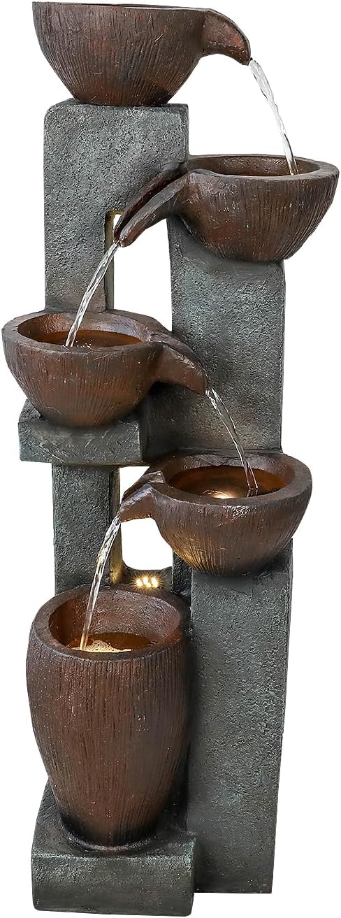 Naturefalls 39” H Modern Outdoor Fountain - 5 Crocks Outdoor Garden Fountains with Contemporary Design&LED Light for Garden, Patio, Deck, Porch, Backyard and Home Art Decor