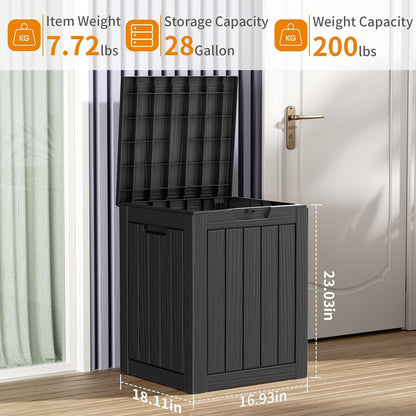 28 Gallon Outdoor Deck Box,Storage Lockable Waterproof Patio Furniture,Garden Tools,Cushions,Pool Accessories Outside Storage Resin Box(SM Black)