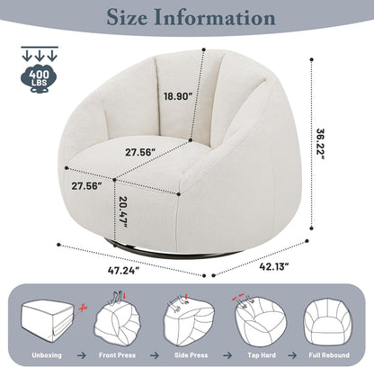 Giant Bean Bag Swivel Chair for Adults - Comfy Plush Round Shell Soft Accent Chair, Oversized Cozy Floor Sofa for Living Room, Bedroom & Game Rooms, Beige