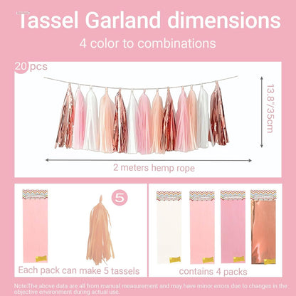 Rose Gold Peach White Pink Tassel Garland Banner, 20 Pack, Tassel Garland Party Decorations for Birthday, Boho Music Festival, Baby Shower,Bridal,Wedding