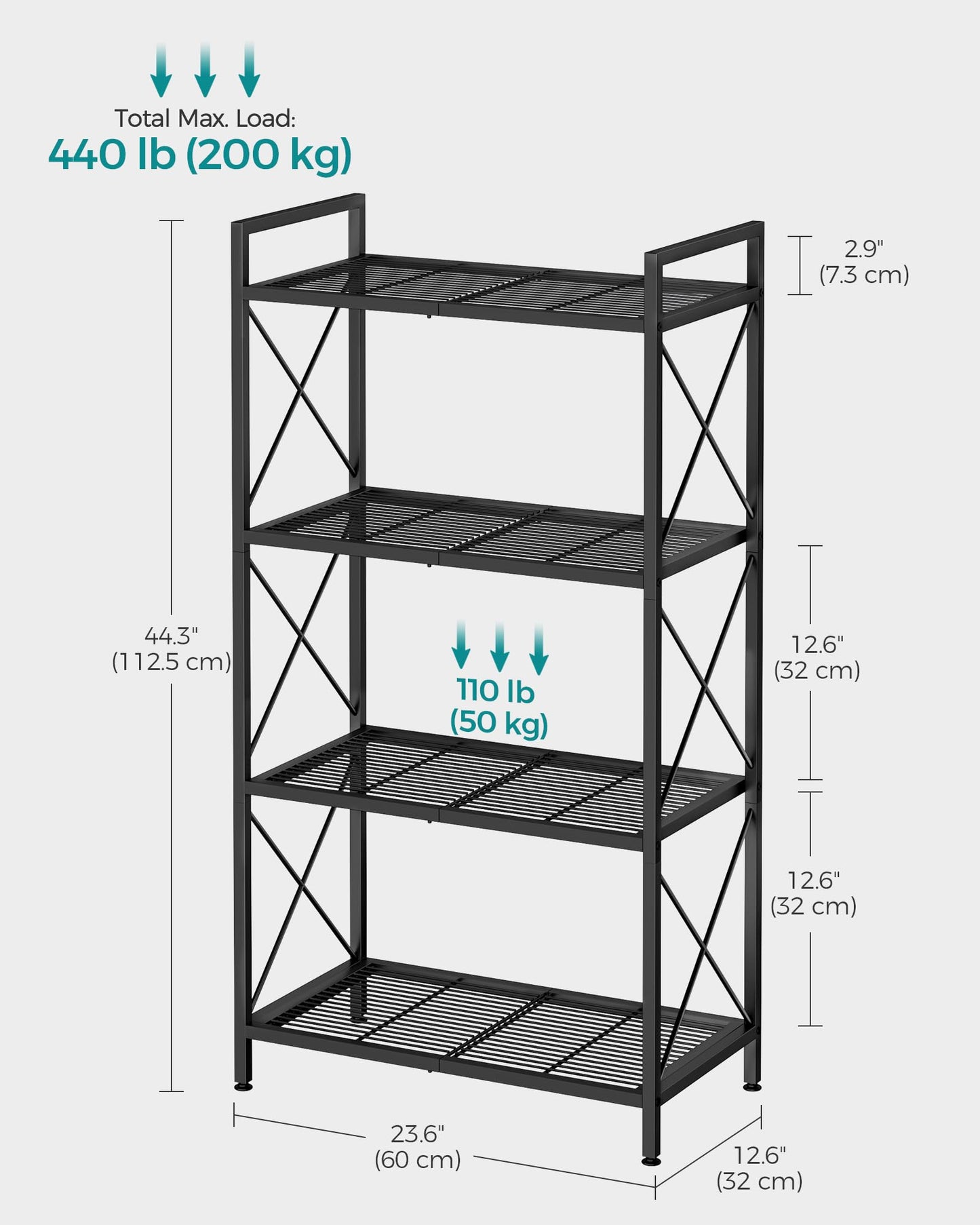 SONGMICS 4-Tier Metal Storage Rack, Shelving Unit with X Side Frames