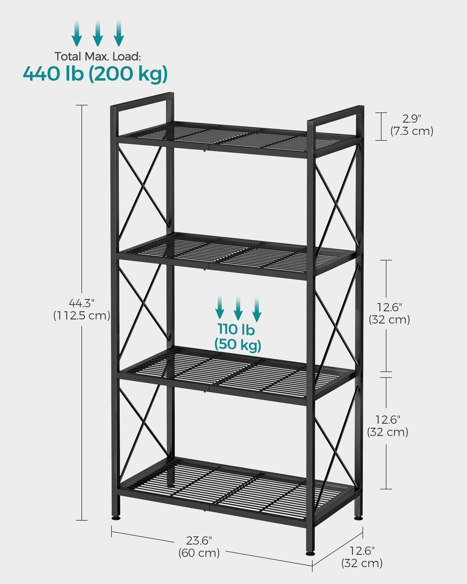 SONGMICS 4-Tier Metal Storage Rack, Shelving Unit with X Side Frames
