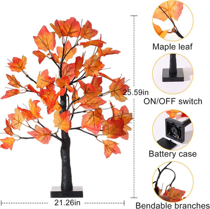 2 Pack Fall Lighted Maple Tree 48 LED Lights Thanksgiving Decoration Artificial Tree Lights 20 inch Battery or USB Powered DIY Table Light for Desktop Autumn Harvest Party Indoor Decor