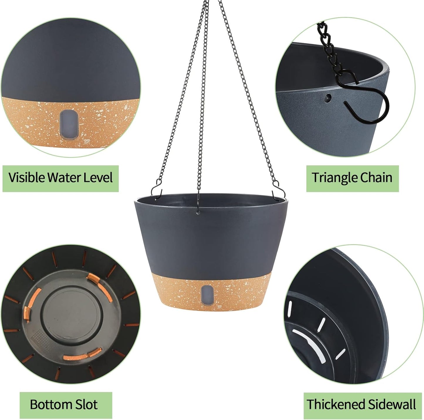 2 Pack Hanging Planters for Indoor Outdoor Plants, 10 Inch Hanging Flower Pot Basket with Drainage Hole with Removable Tray&Hooks Self Watering Plant Pot for Hanging Plants, Dark Grey