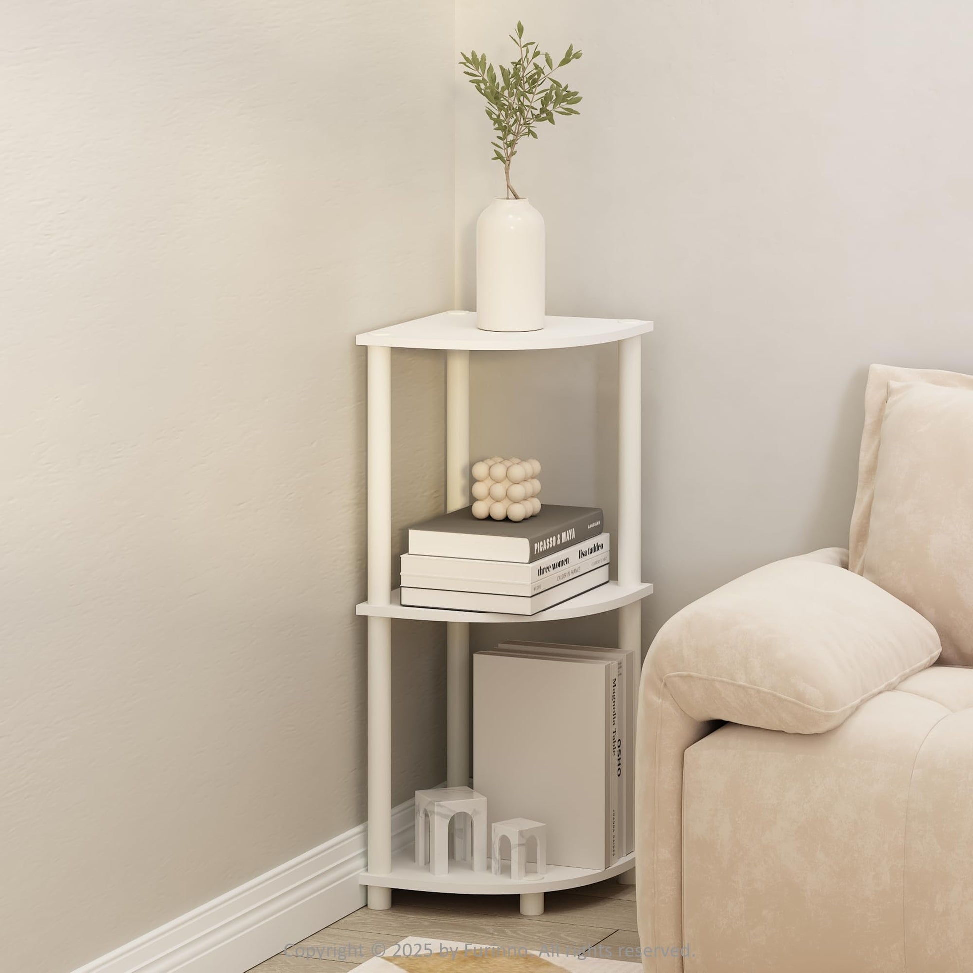 Furinno Turn-N-Tube Corner Shelf, 3-Tier Corner Bookshelf, White