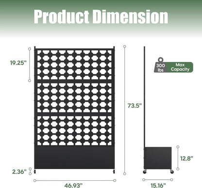 Metal Planter Box with Trellis Privacy Screen, Raised Garden Bed with Dots Trellis & Wheels, Privacy Planters for Patio, Planter Box for Climbing Plants, Flower, 73"x 47"x 16", Black