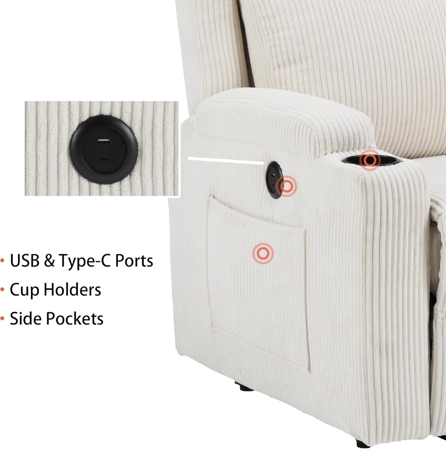 Lift Recliner Chair for Adults with Massage and Heating, Power Lift Recliner Chairs for Elderly, Corduroy Fabric Reclining Chair with USB &Type-C Port, Cup Holders, L6111 (Beige)