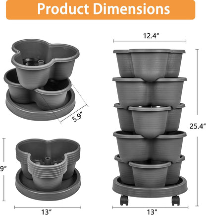 VECELO 5 Tier Vertical Garden Planter, Self Watering Stackable Planters with Wheels for Strawberries, Herbs, Flowers, Vegetables, Dark Gray