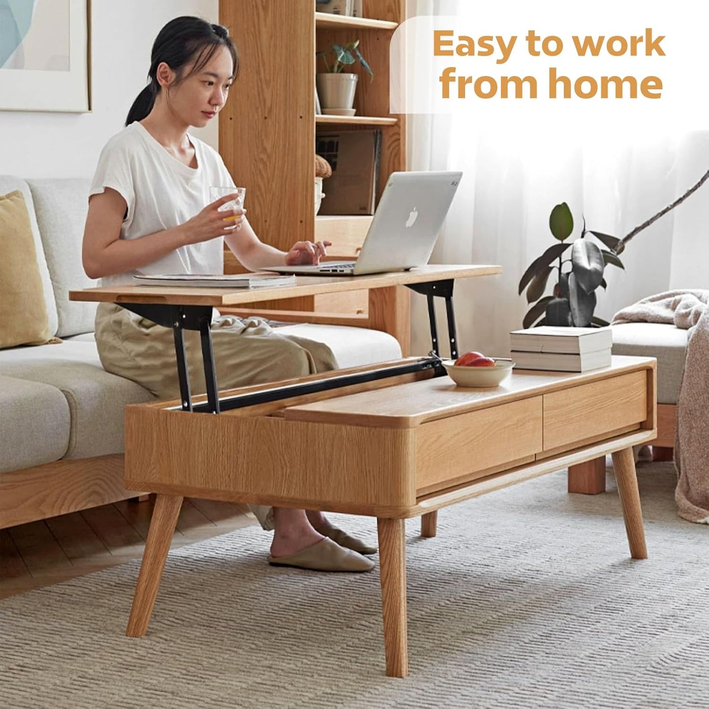 100% Solid Wood Lift Top Coffee Table for Living Room, Mid Century Modern Tables with Drawers and Large Storage, Oak Coffee Tables for Small Spaces (Oak Wood Log, 39.37" W x 21.65" D x 25.59" H)