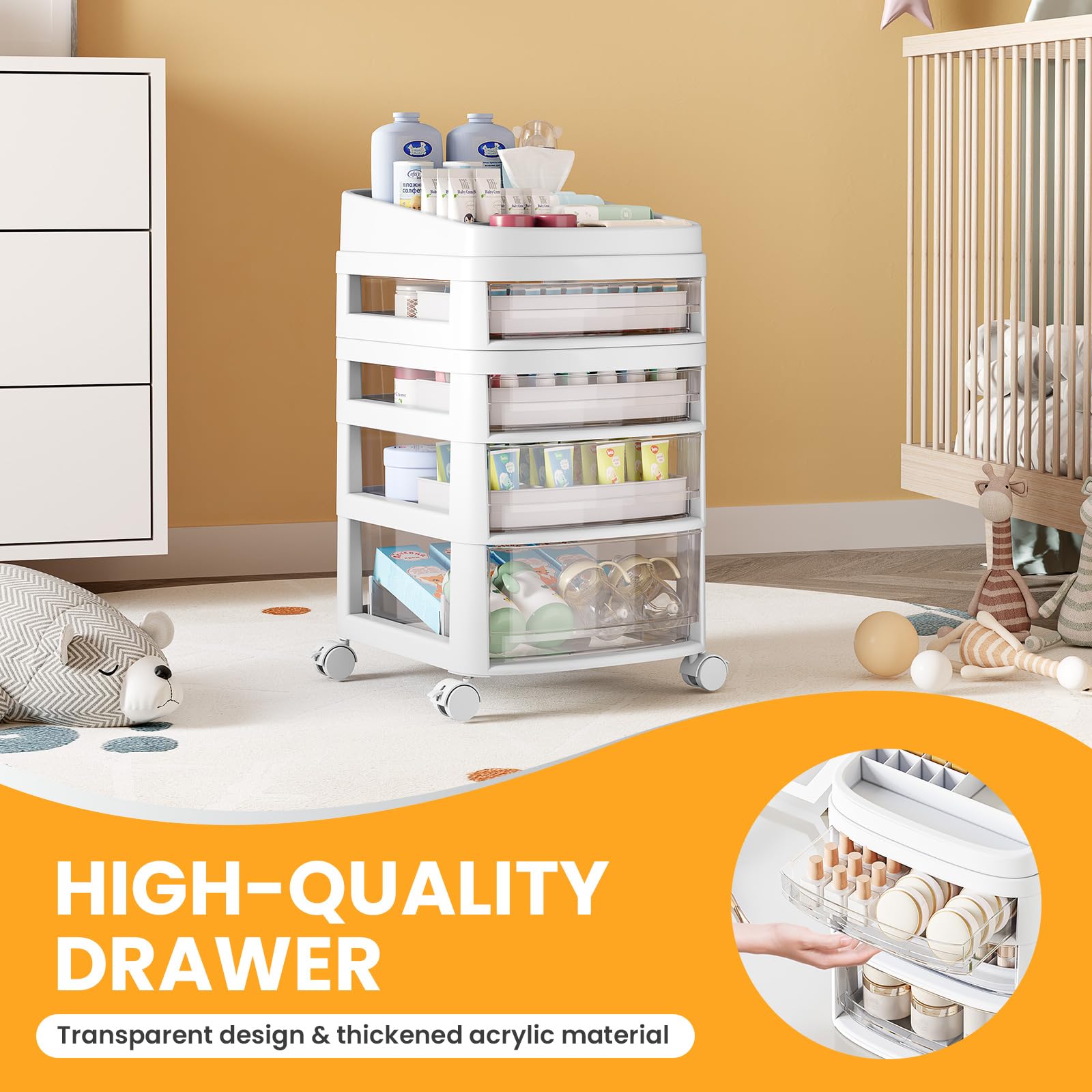 Rolling Cart with 4 Drawers, Clear Plastic Drawer Organizers, Vanity Cart