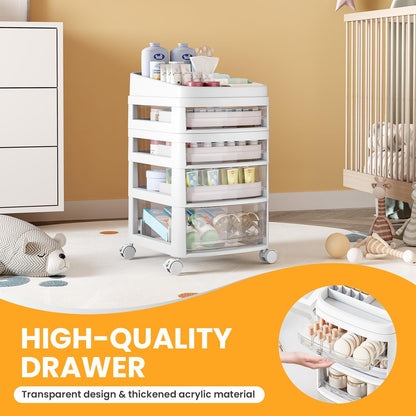 Rolling Cart with 4 Drawers, Clear Plastic Drawer Organizers, Vanity Cart
