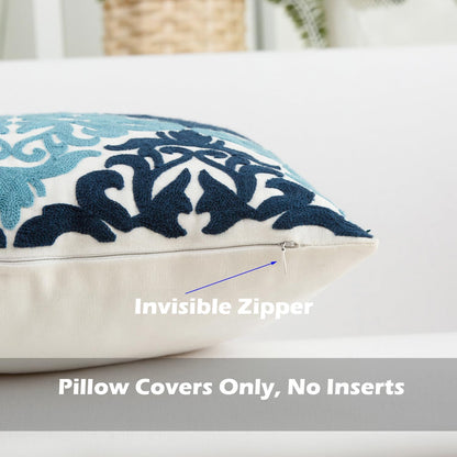 HWY 50 Blue Decorative Throw Pillow Covers 18x18 Inch (1 Piece), Embroidered Cotton Farmhouse Cushion Cover Pillow Case for Sofa Couch Living Room Bed Bedroon, Floral Geometric