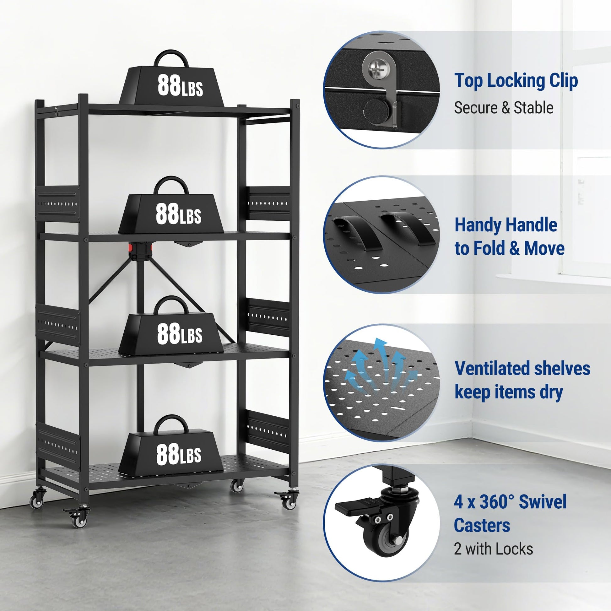 WORKPRO 4-Tier Folding Shelf, No-Assembly Metal Storage Rack with Wheels, 600 lbs Capacity (with