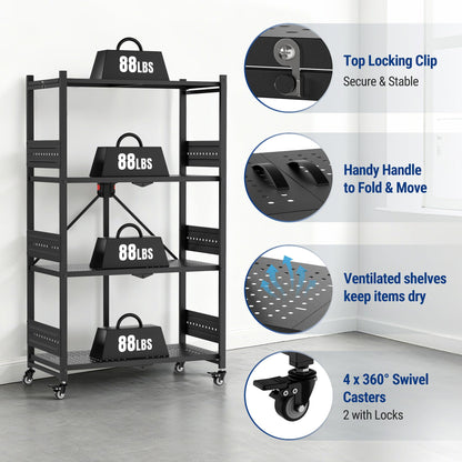 WORKPRO 4-Tier Folding Shelf, No-Assembly Metal Storage Rack with Wheels, 600 lbs Capacity (with